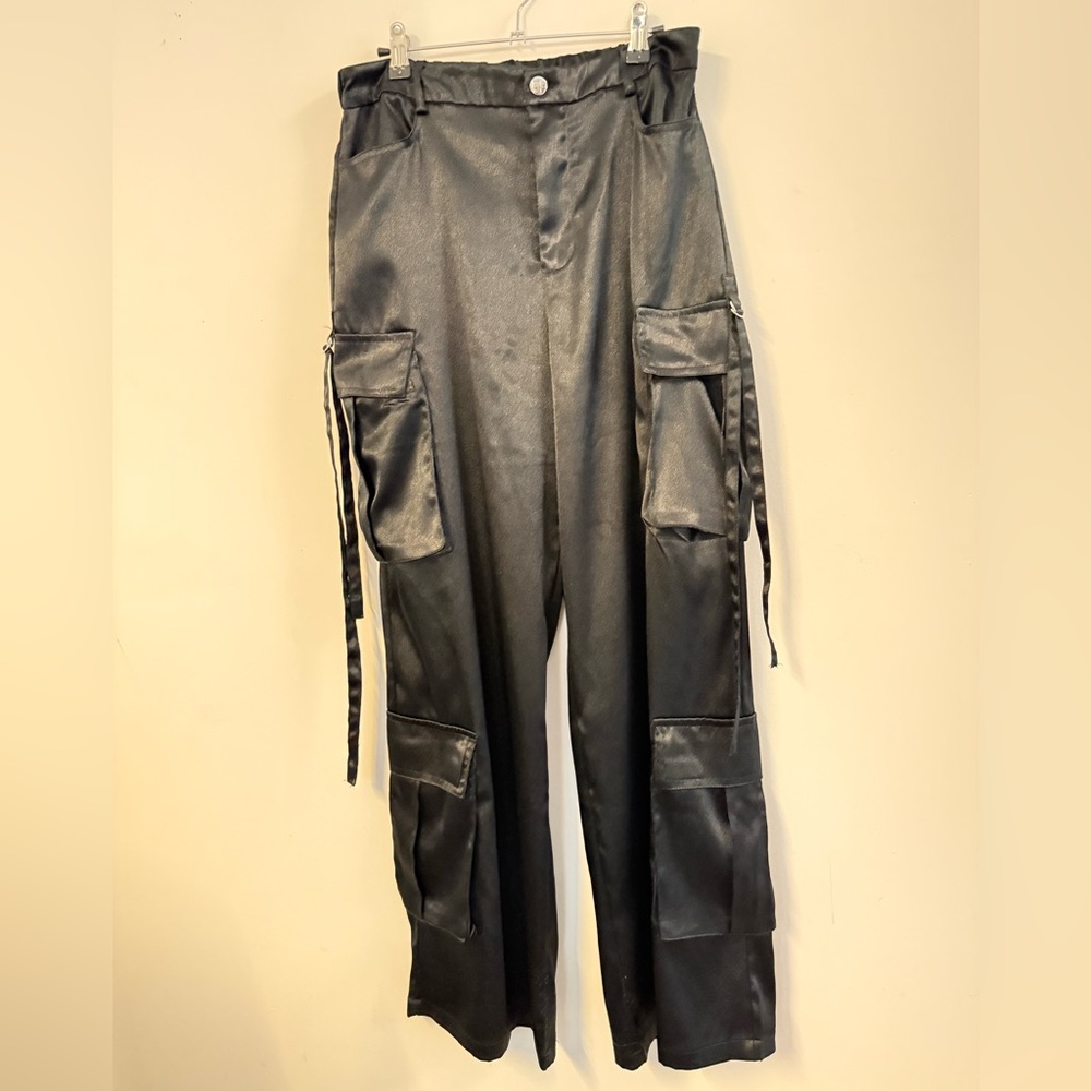 Forever 21 Wide Leg Satin Black Cargo Pants